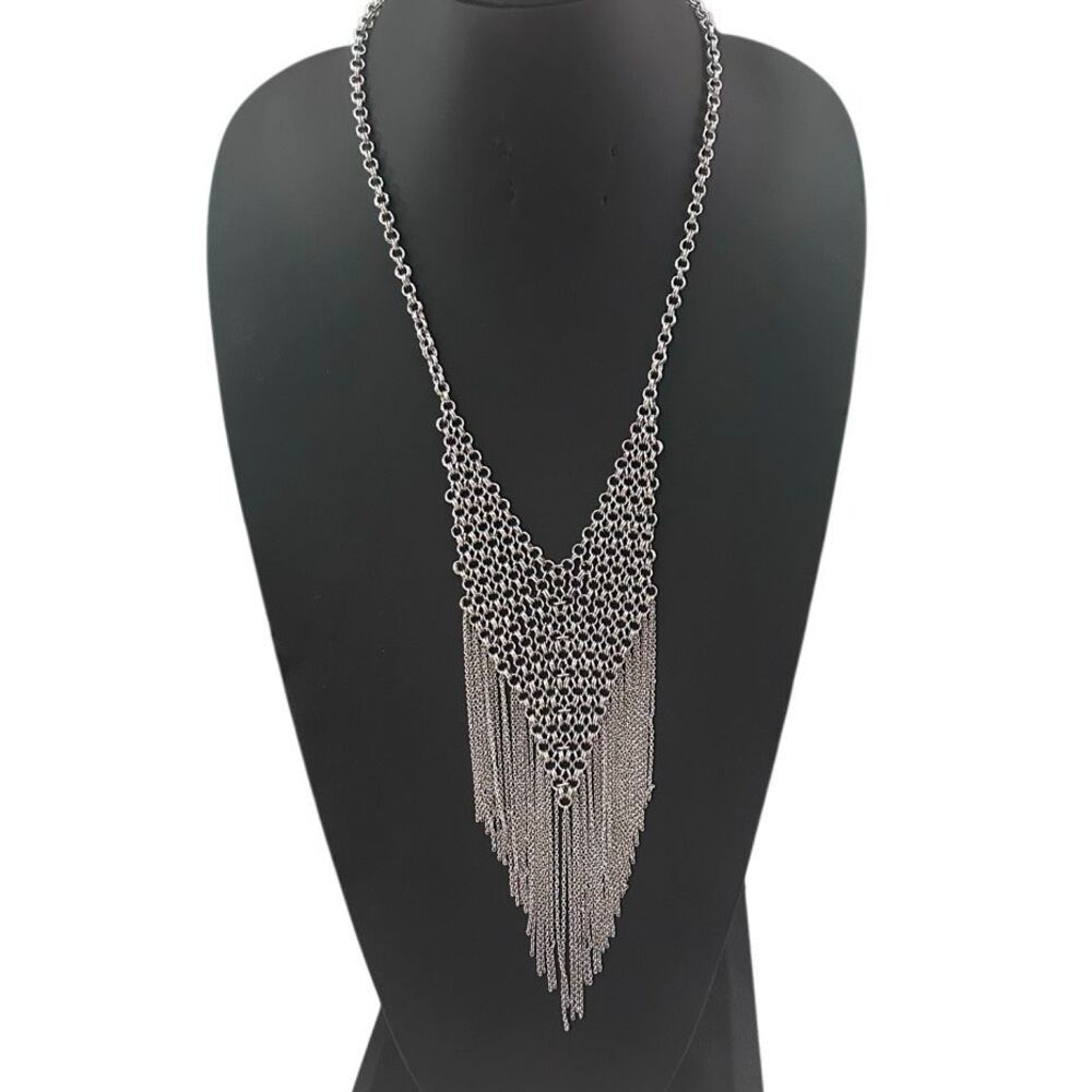 Lane Bryant Chainmail Bib Necklace with Fringe Women's Silver-tone Mesh Net